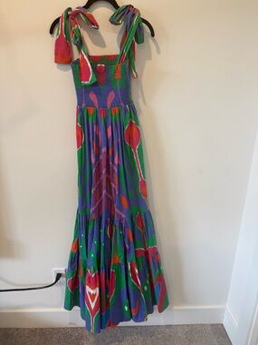 Sheridan French Smocked Tie-Shoulder Maxi Dress in Multicolor size small